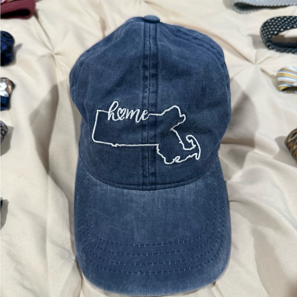 Blue denim Massachusetts "home" hat with Embroidered Design. New.